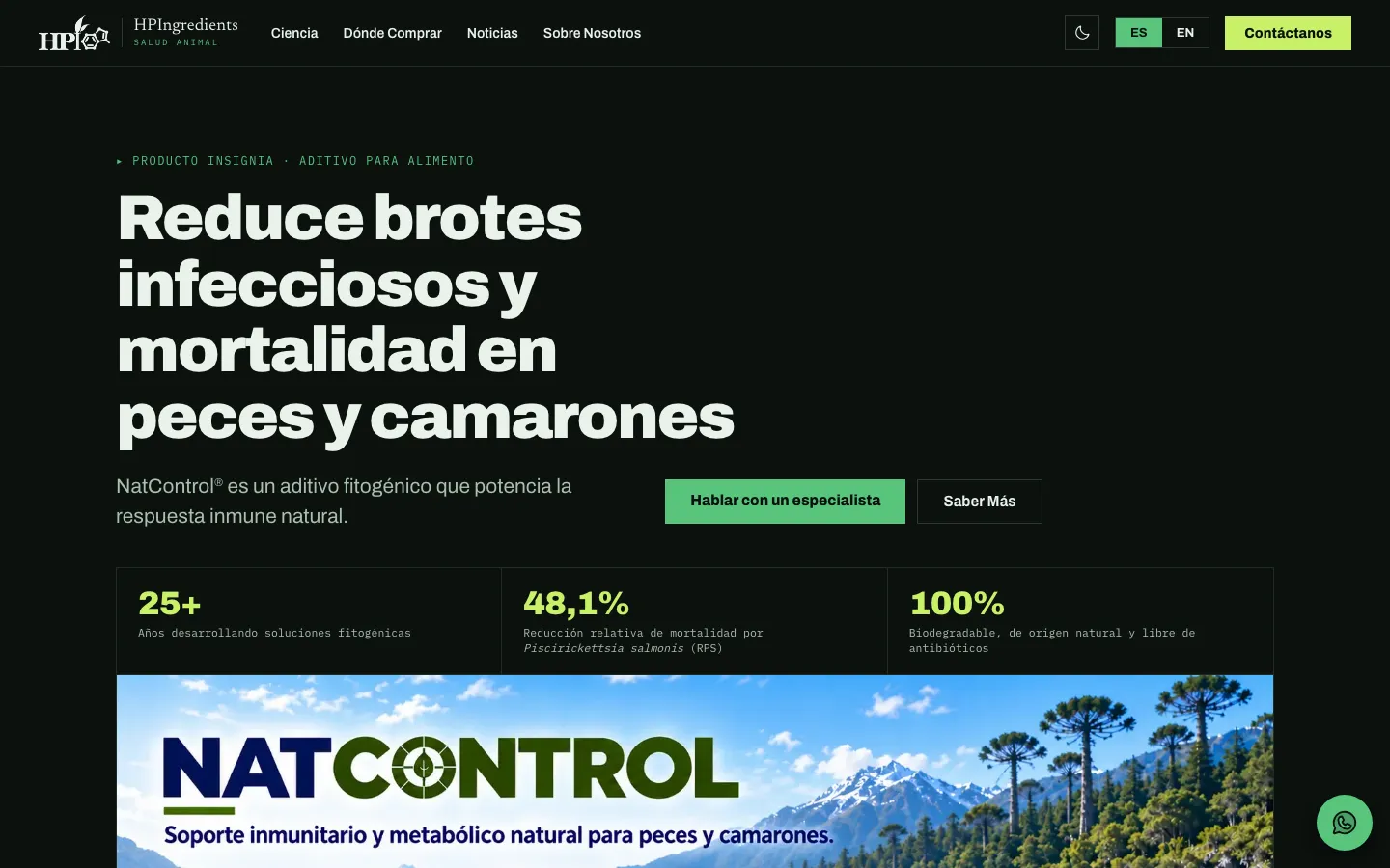 Portada del sitio de NatControl en modo oscuro, con el titular sobre peces y camarones.