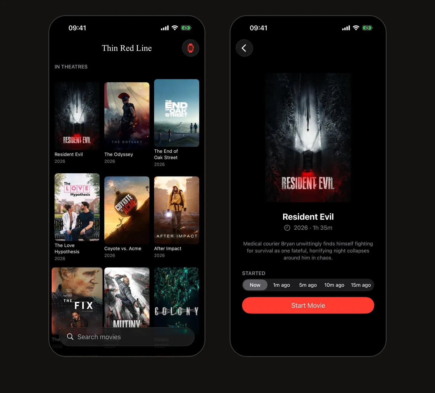 Dos pantallas de la app en iPhone: la cartelera de películas y el detalle de una película con el botón para empezar.
