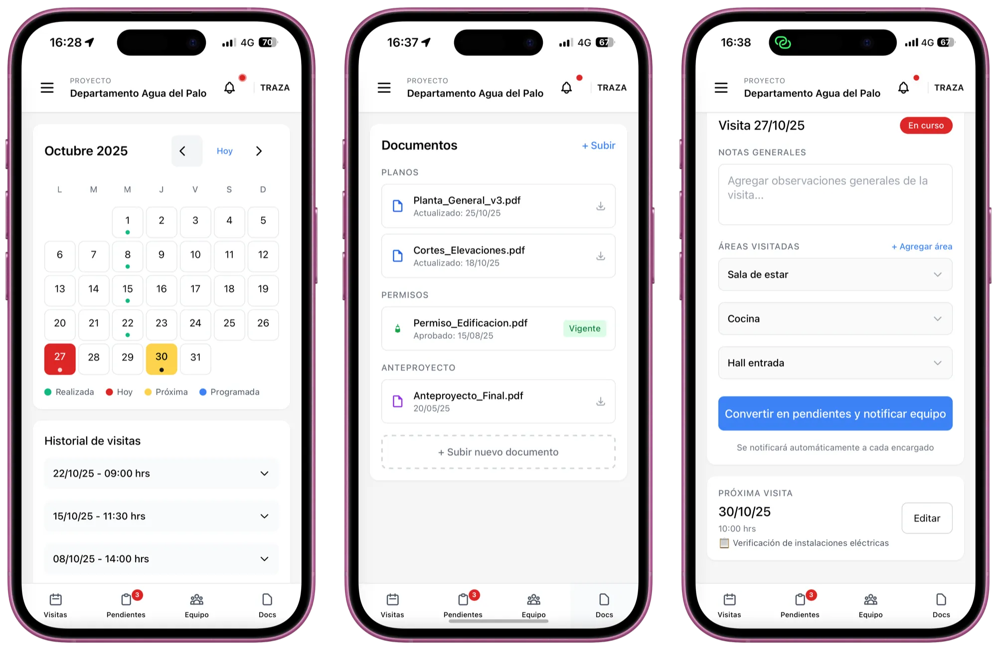 Tres pantallas de Traza en iPhone: calendario de visitas, documentos del proyecto y registro de una visita.